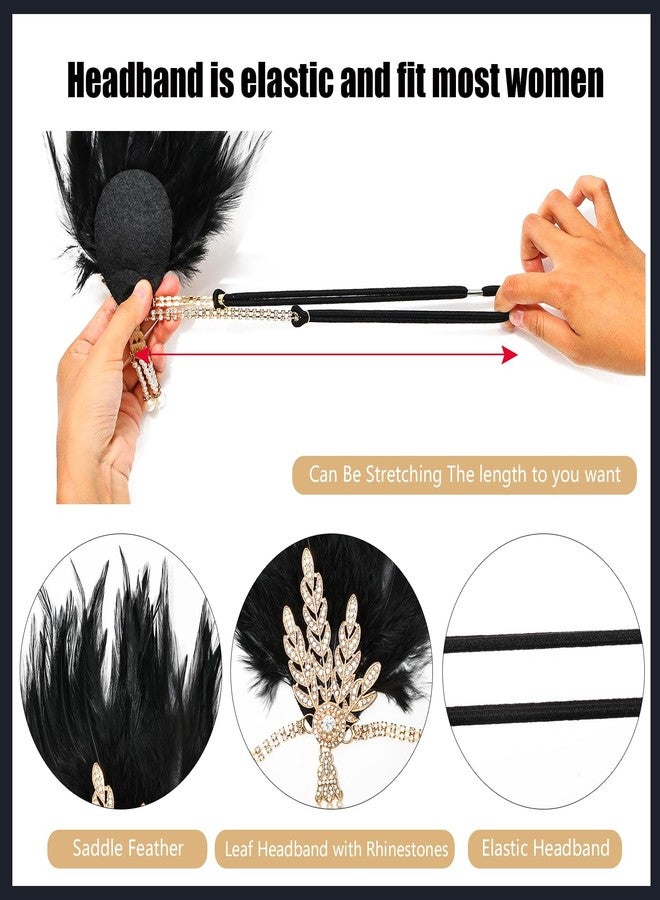 iHUFeather Women 1920s Flapper Set with Feather Headband Beaded Necklaces Earrings Black Gloves for Great Vintage Wedding Costume Accessories - Image 3